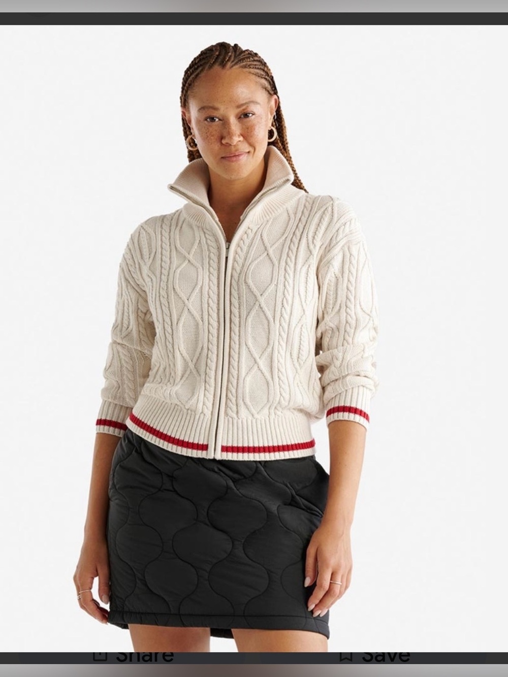 Roots Cream Cable-Knit Zip Cardigan with Red Trim